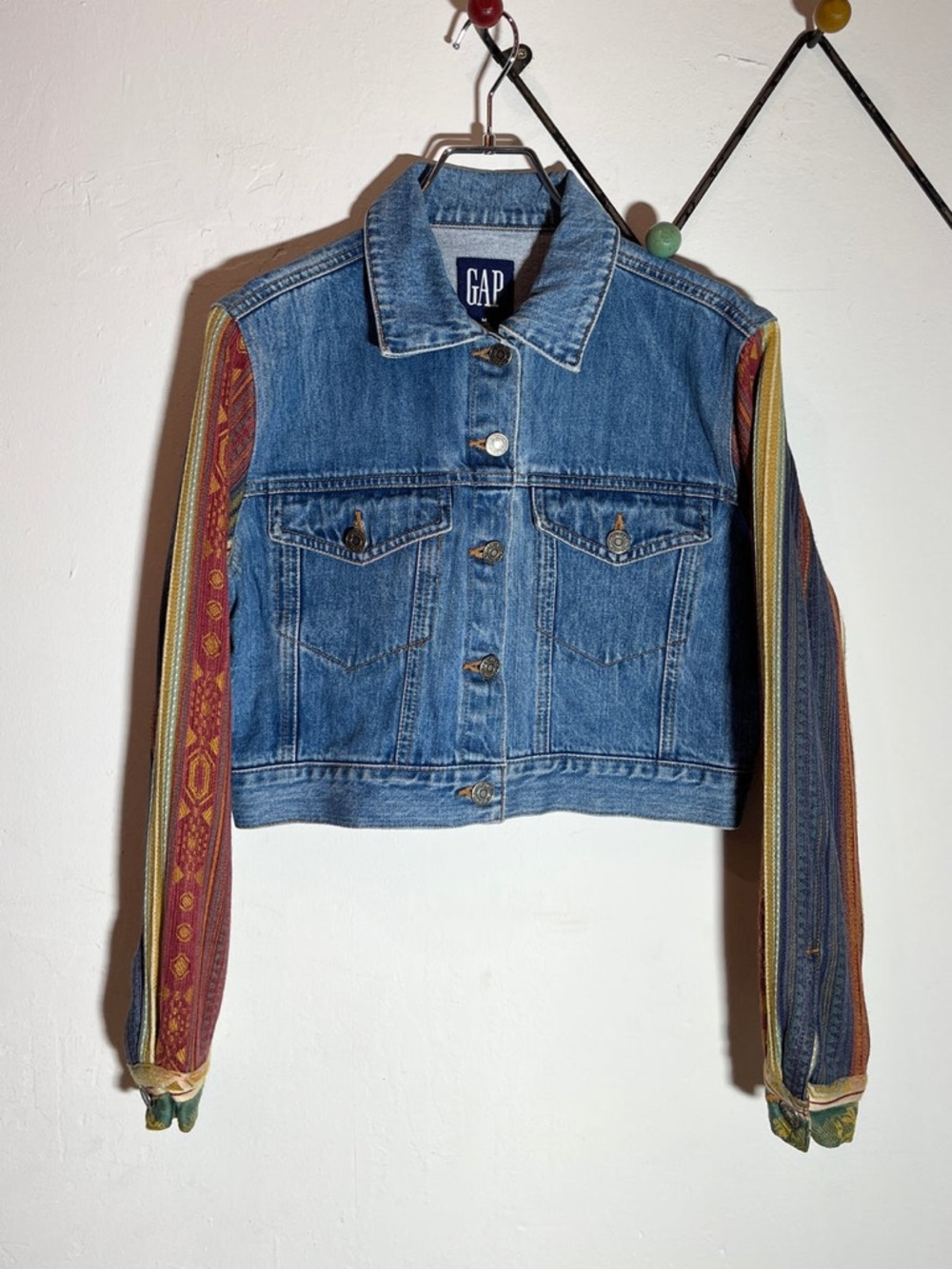 GAP vintage Blue Denim Jacket with Red & Multicolor Patterned Sleeves